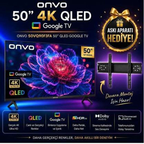 ONVO 50VQ90F3UA Uydu Alıcılı Google Smart 50 inç 127 cm 4K UHD QLED TV