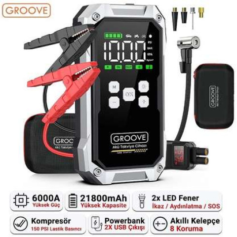 GROOVE F04 21800mAh 6000A Lastik Şişirme Pompası Jump Starter Çanta Powerbank LED Lamba LCD Ekran Akü Takviye Çok Renkli