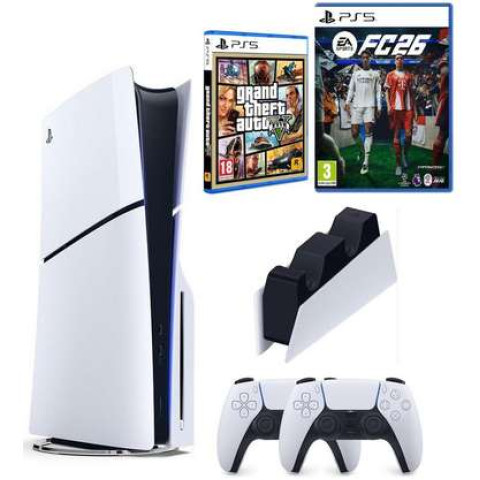 SONY 2.Kol Dualsense +Şarj İstasyonu+PS5 FC26+GTA V+Playstation 5 Slim  (İthalatçı Garantili) Oyun Konsolu Beyaz