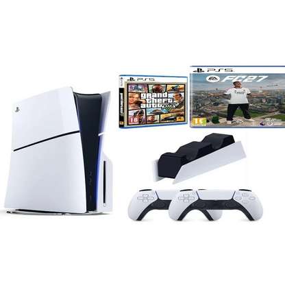 SONY Playstation 5 Slim + 2.Kol Dualsense + Şarj İstasyonu + PS5 FC27 + GTA V (İthalatçı Garantili) Oyun Konsolu Beyaz