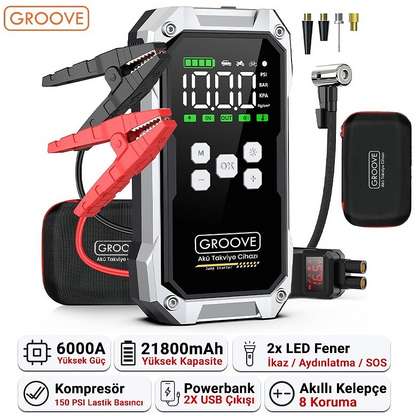 GROOVE F04 21800mAh 6000A Lastik Şişirme Pompası Jump Starter Çanta Powerbank LED Lamba LCD Ekran Akü Takviye Çok Renkli