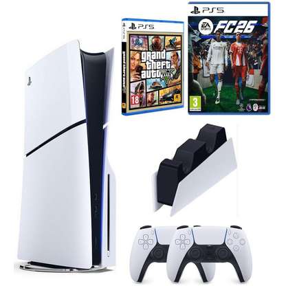 SONY 2.Kol Dualsense +Şarj İstasyonu+PS5 FC26+GTA V+Playstation 5 Slim  (İthalatçı Garantili) Oyun Konsolu Beyaz